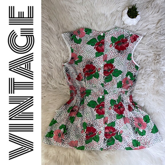 1950s floral peplum smock with button-down back, collar and big front pockets - Picture 5 of 11